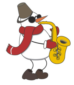 cheerful snowman plays music on saxophone